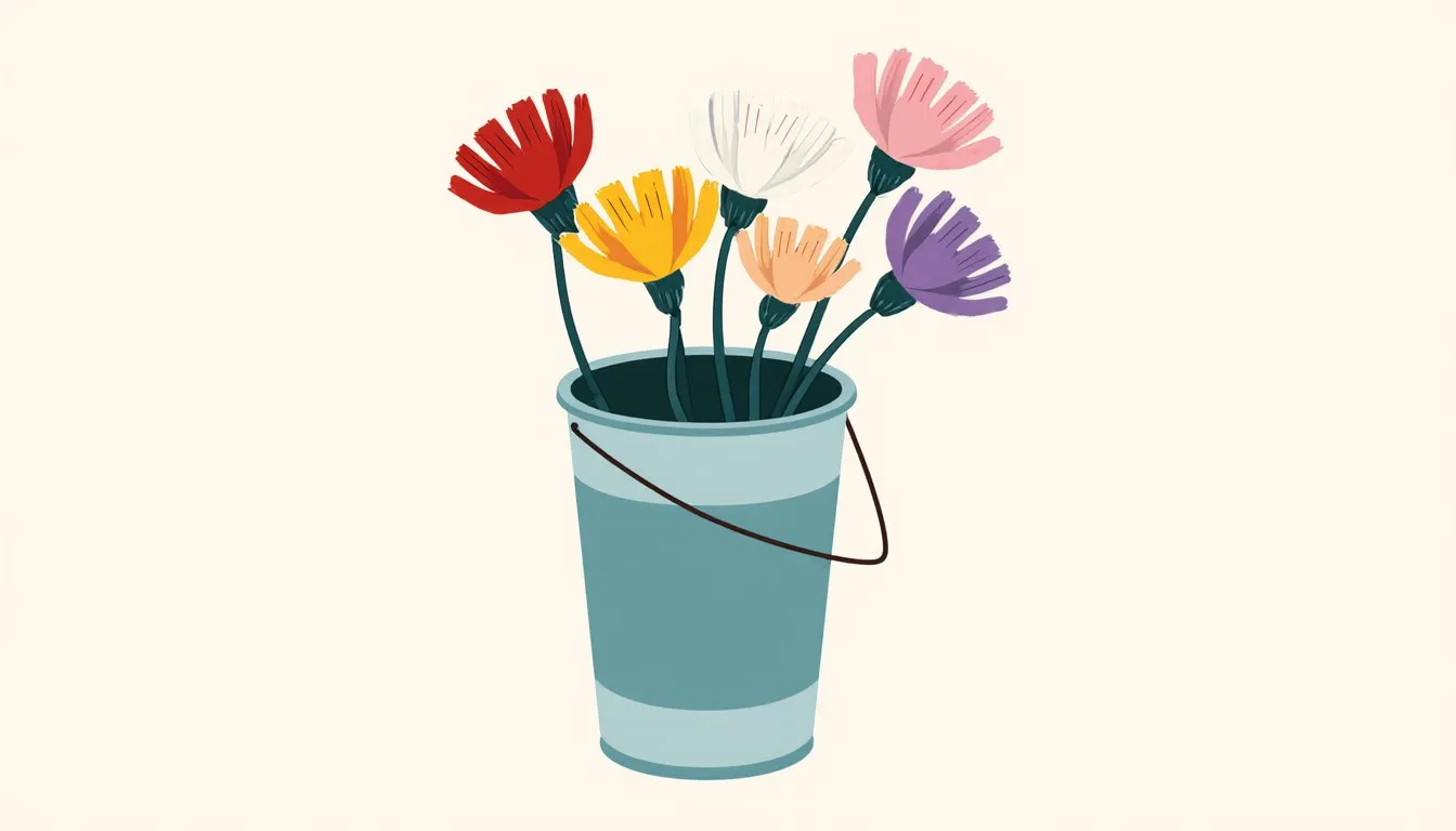A pale blue bucket holding six flower stems in red, yellow, white, peach, pink, and purple