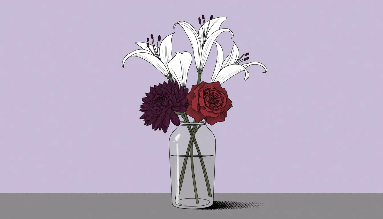 A small sympathy bouquet of white lilies, a red rose, and a chrysanthemum in a simple vase