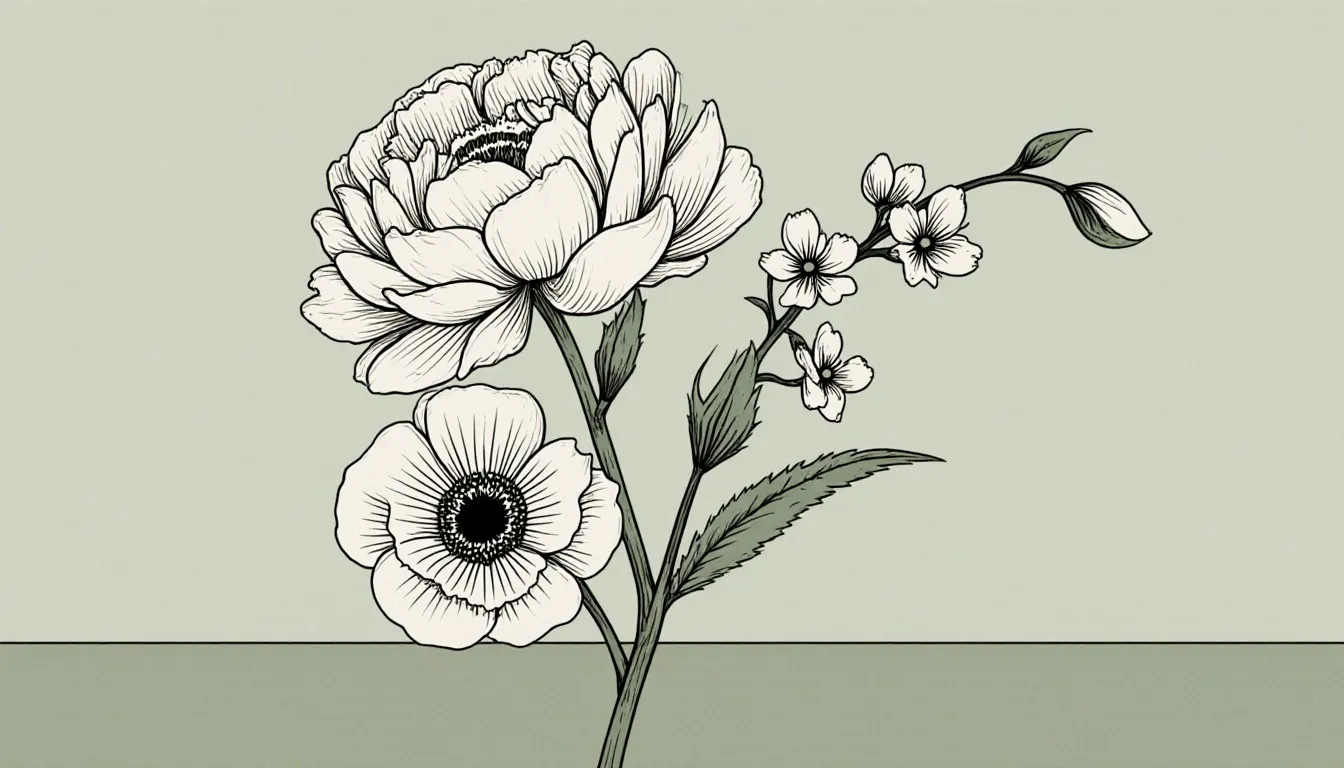 Peony, cherry blossom, and poppy flowers arranged together in bold botanical line art