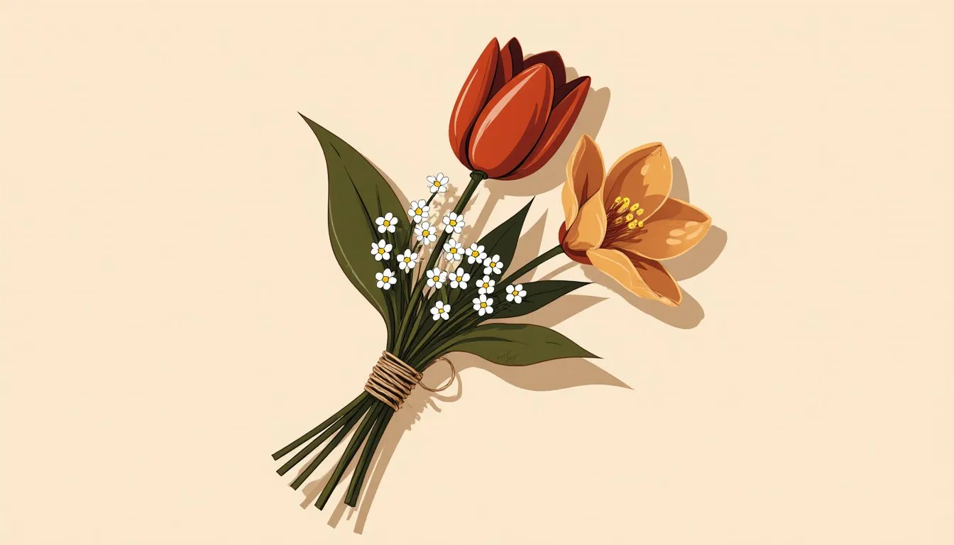 A small bouquet of a red tulip, white forget-me-nots, and an apricot lily tied with twine