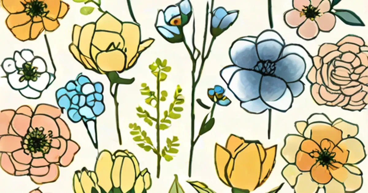 Decorative illustration of various flowers in yellow, blue, peach, and white