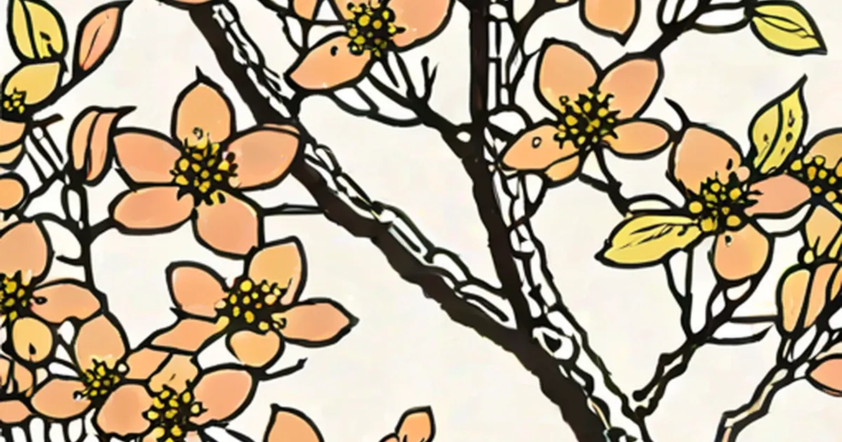 Flowering dogwood branches bearing peach-colored four-petaled blossoms with yellow centers