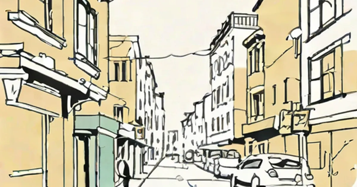 Sketched urban street with tall buildings, parked cars, and storefronts