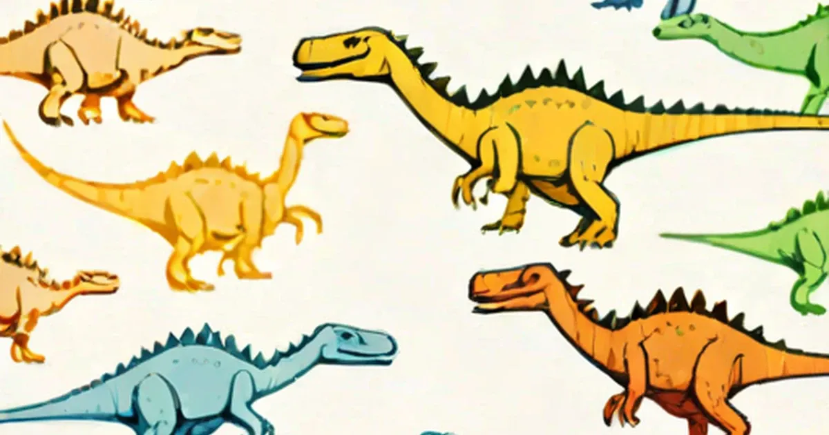 Pterosaurs illustrated in yellow, orange, blue, and green with long necks and spiked backs