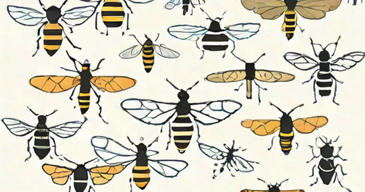 Illustrated bees and wasps with yellow-black striped bodies and various wing styles