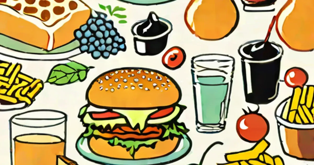 Colorful illustrations of hamburgers, french fries, drinks, and fresh produce