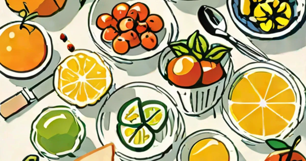 Colorful arrangement of sliced citrus, fresh vegetables, and herb garnishes on plates