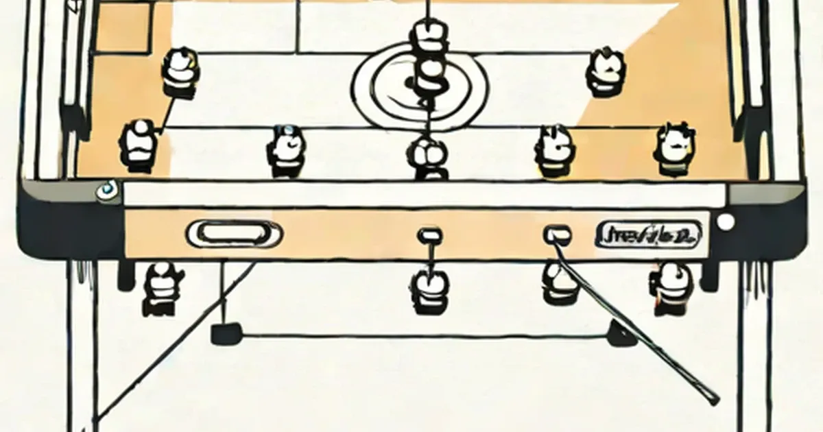 Overhead view of a foosball table showing players and ball