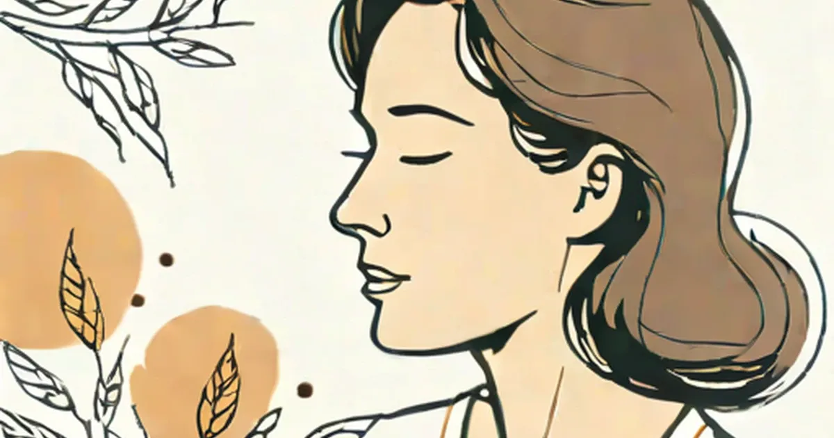 Woman in profile with closed eyes, surrounded by stylized leaves and seed pods