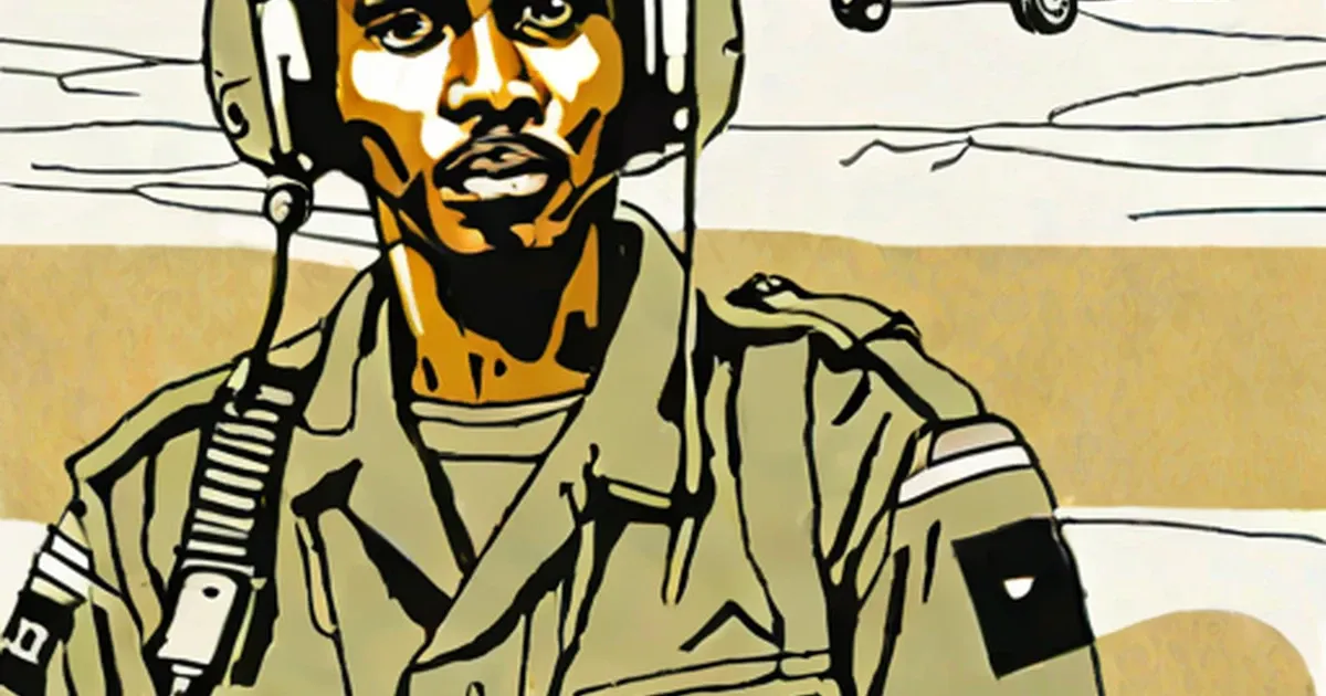 Illustrated military pilot in tan uniform wearing flight helmet
