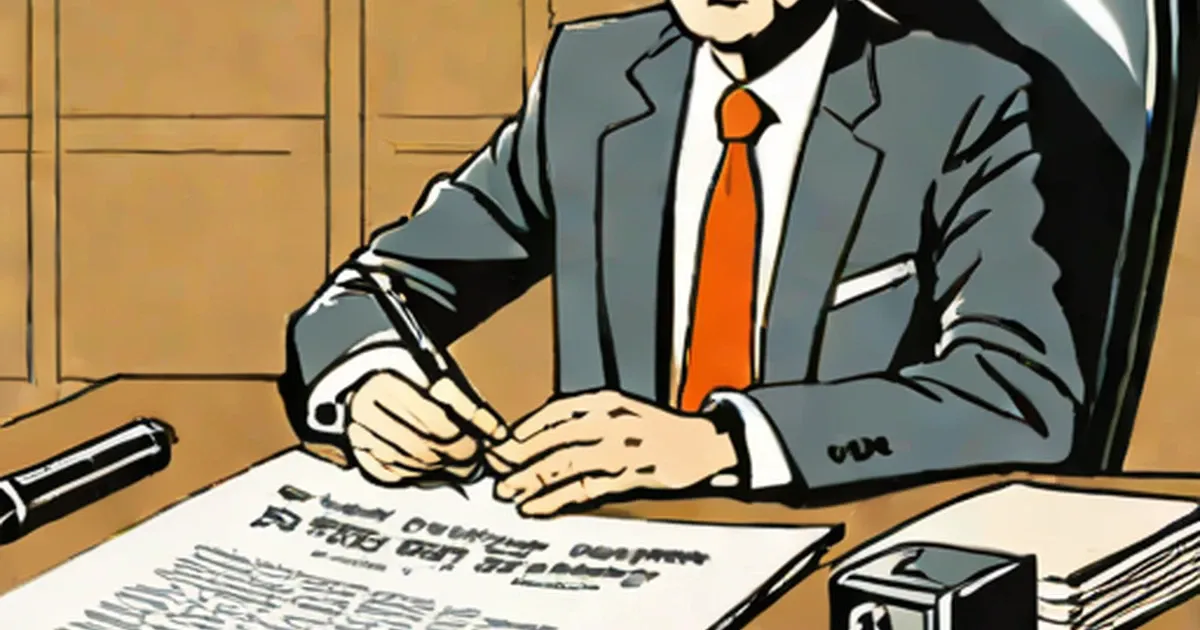 Illustrated businessman in gray suit and orange tie reviewing documents at a desk