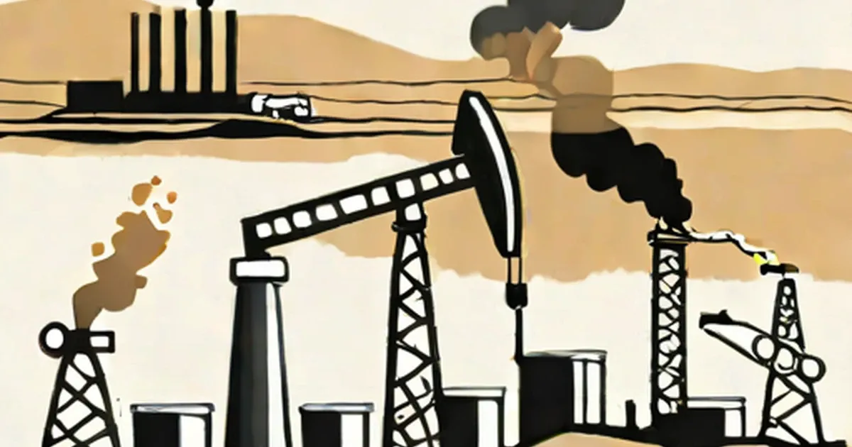 Oil derricks and factory smokestacks emitting dark smoke over an arid landscape