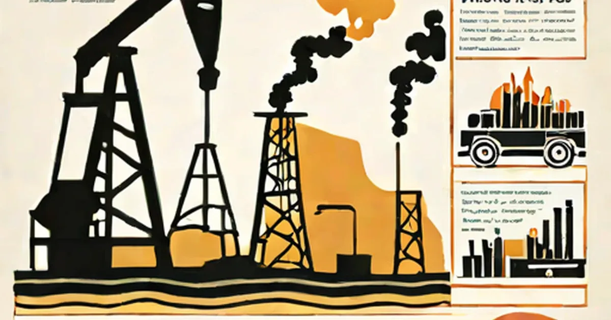 Oil pump jacks and derricks emitting black smoke over layered ground