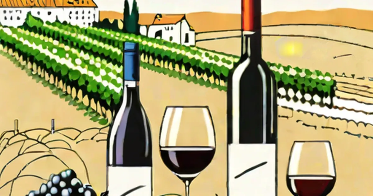 Red and white wine bottles and glasses displayed in front of rolling vineyard rows