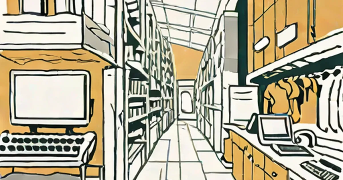 Illustration of a vintage office with retro computers and filing cabinets