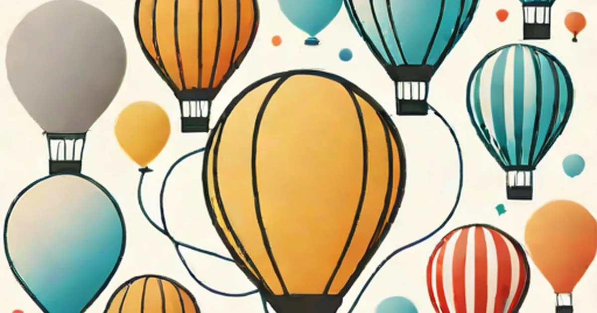 Colorful hot air balloons with baskets in yellow, teal, red, and gray tones