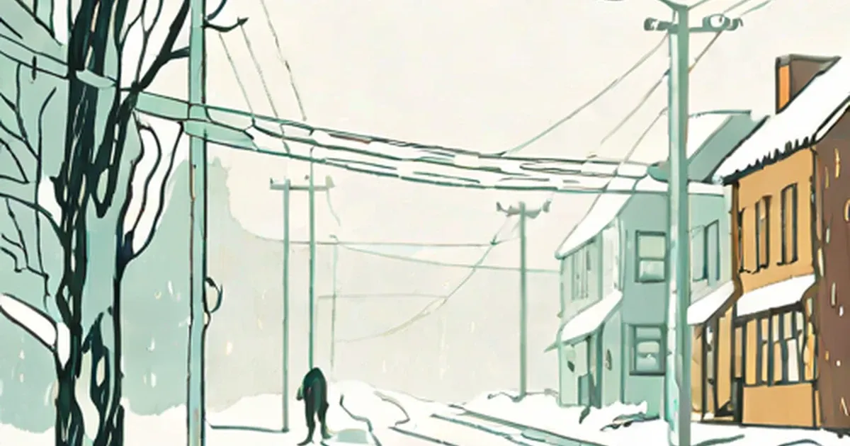 Fog-shrouded snowy street where a person walks past buildings and utility poles