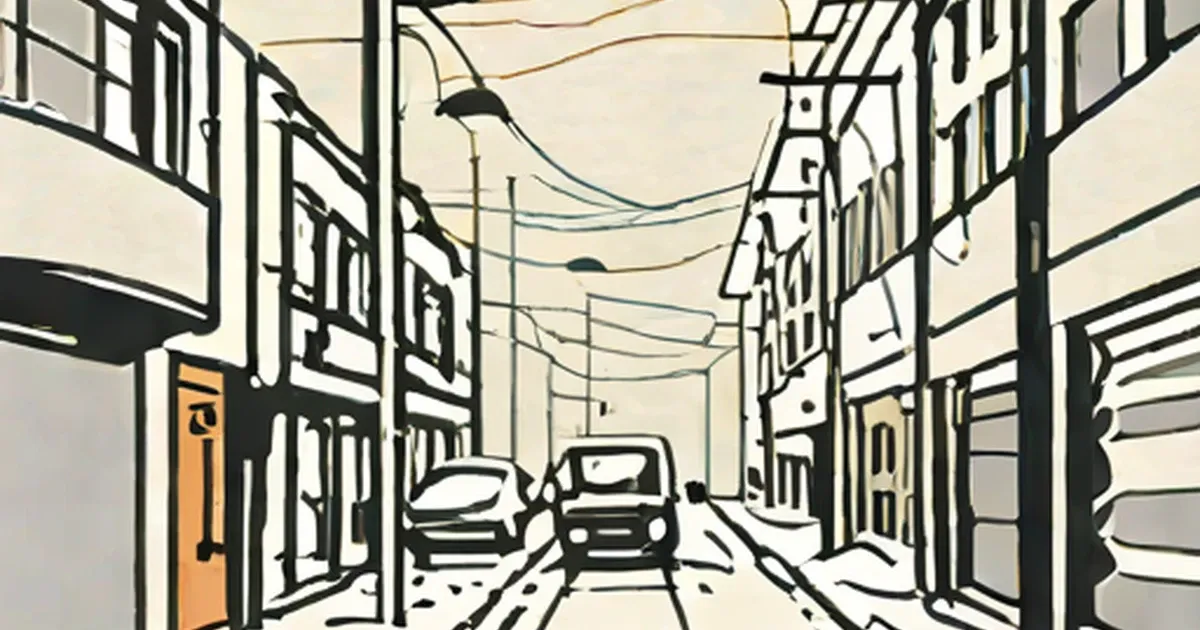 Street illustration with buildings lining both sides, overhead power lines, and a distant car