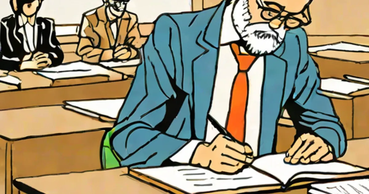 Bearded man in blue suit and orange tie sits at desk surrounded by papers