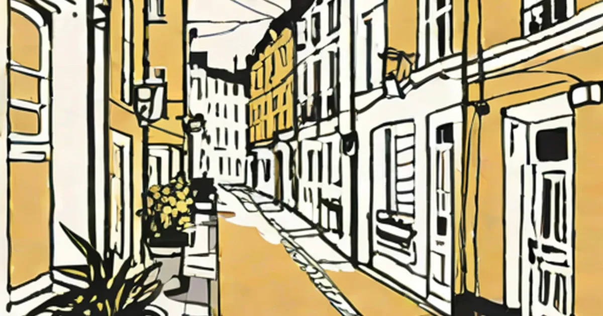 Illustrated alley with pale yellow buildings, shuttered windows, and power lines