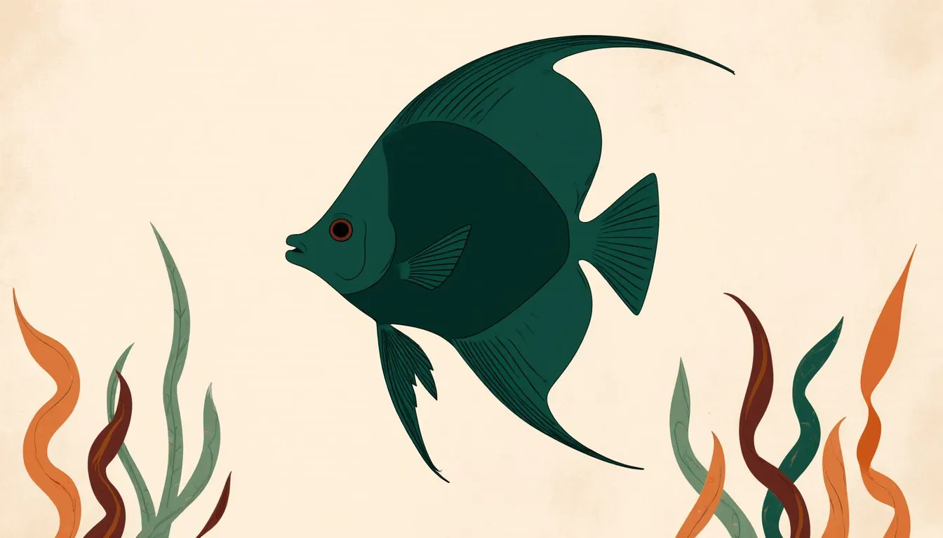 A tall triangular angelfish with flowing fins gliding through a planted freshwater aquarium