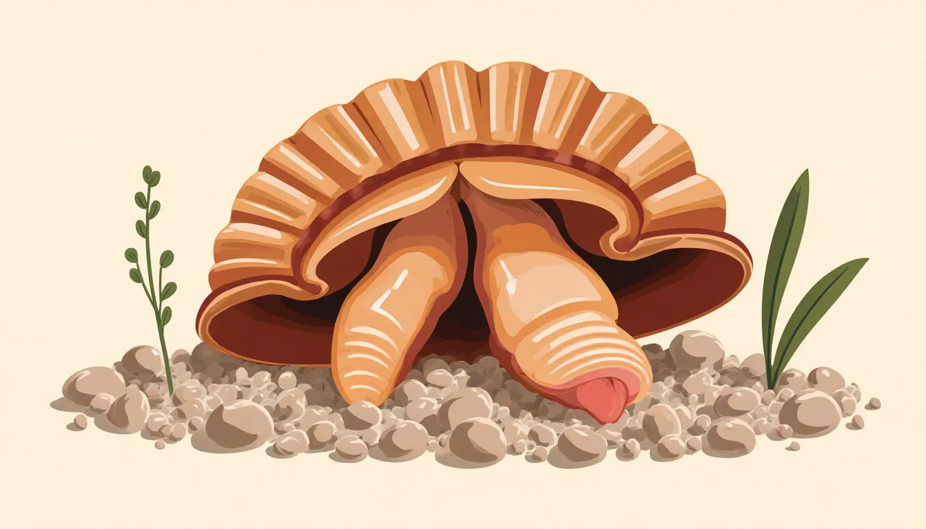 Illustration of a freshwater clam with its shell valves parted, foot extended onto aquarium gravel