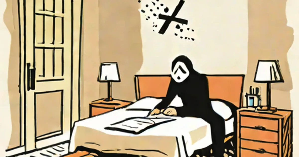 Skeleton in black robes reading a calendar on a bed