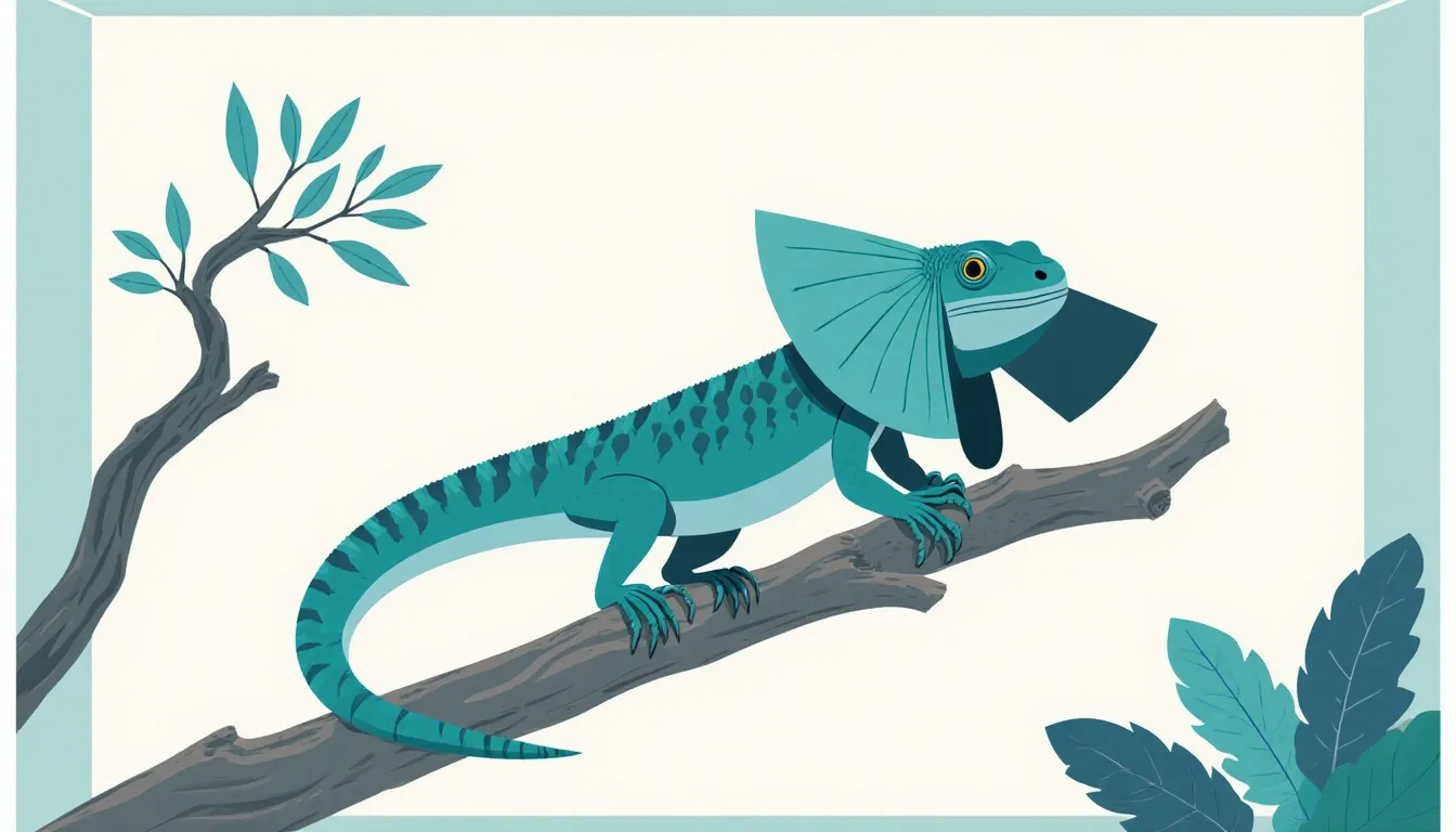 Illustration of a frilled dragon lizard with its neck frill fully spread, perched on a branch in a terrarium.