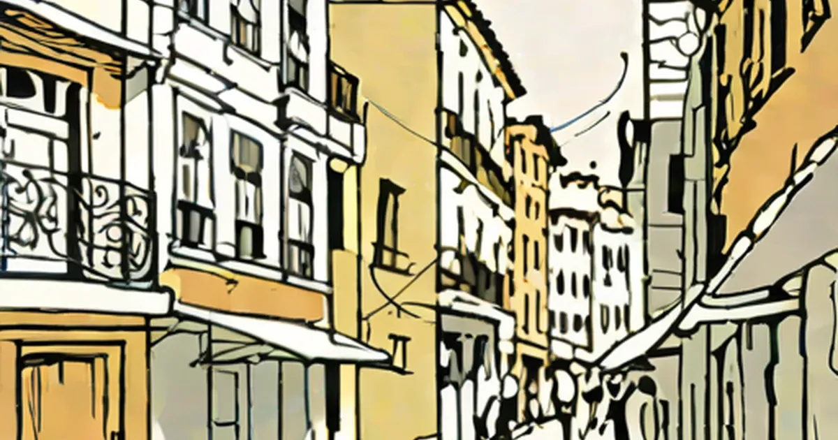 Artistic rendering of a narrow European street with historic buildings