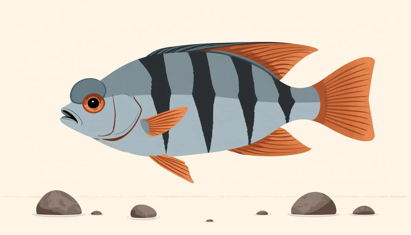 A frontosa cichlid with its humped forehead and dark vertical stripes glides through open water