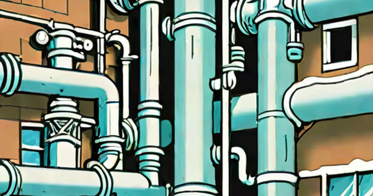 Frozen plumbing pipes with ice buildup on the exterior of a building