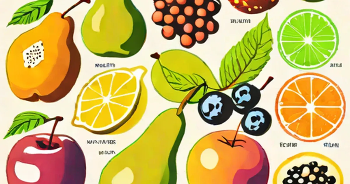 Illustrated fruits including apples, pears, oranges, lemons, limes, papaya, and berries
