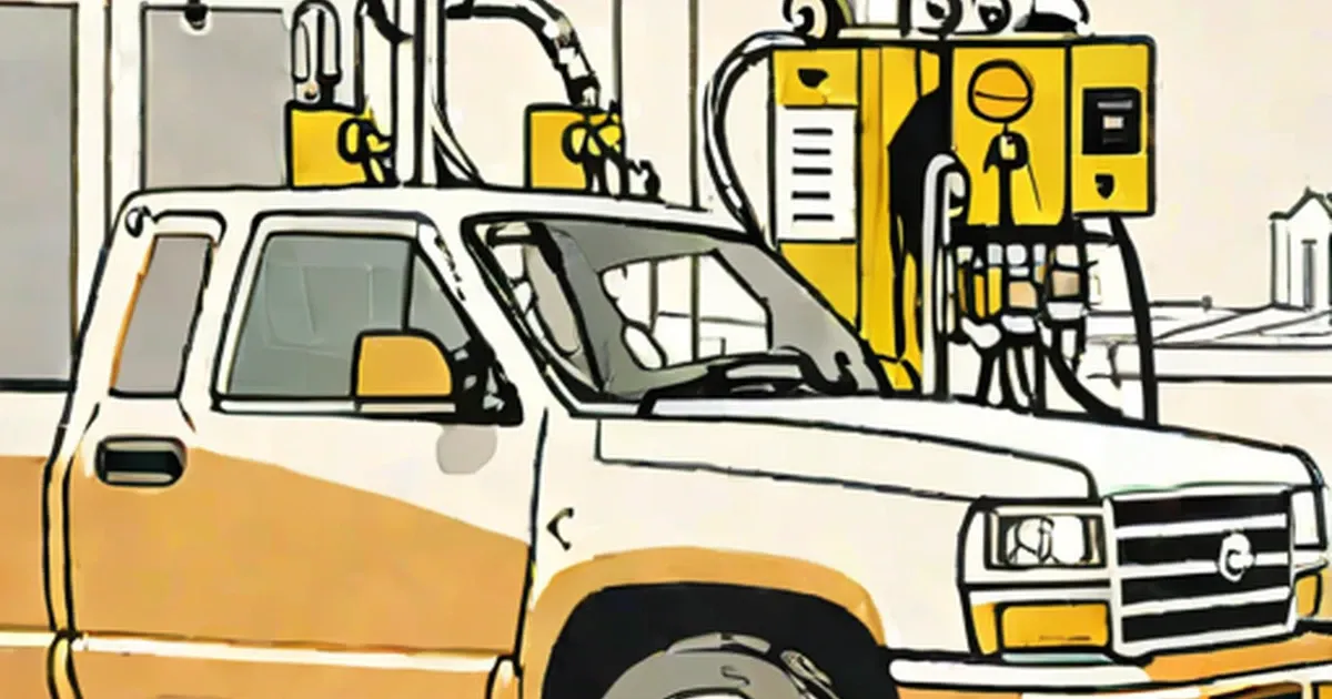 Truck at auto service station with yellow fuel injection cleaning equipment overhead