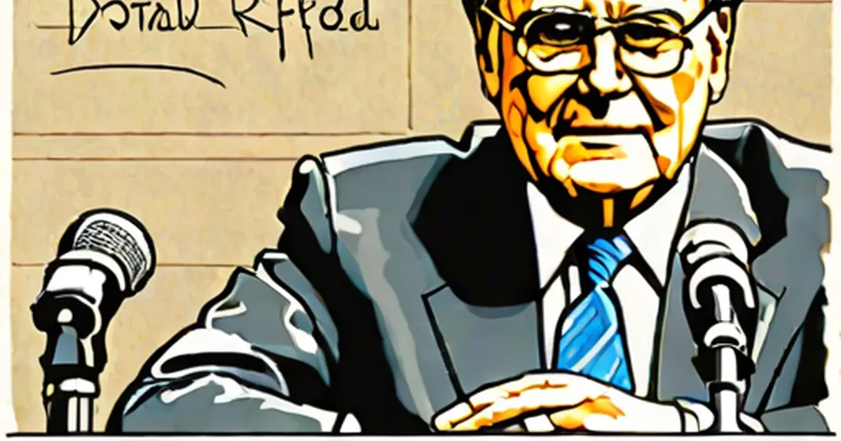 Illustration of Rumsfeld seated at podium with microphones