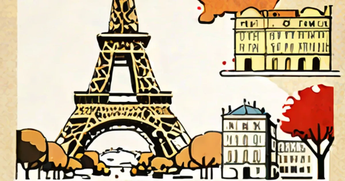 Illustrated Eiffel Tower and Paris buildings in gold and black colors