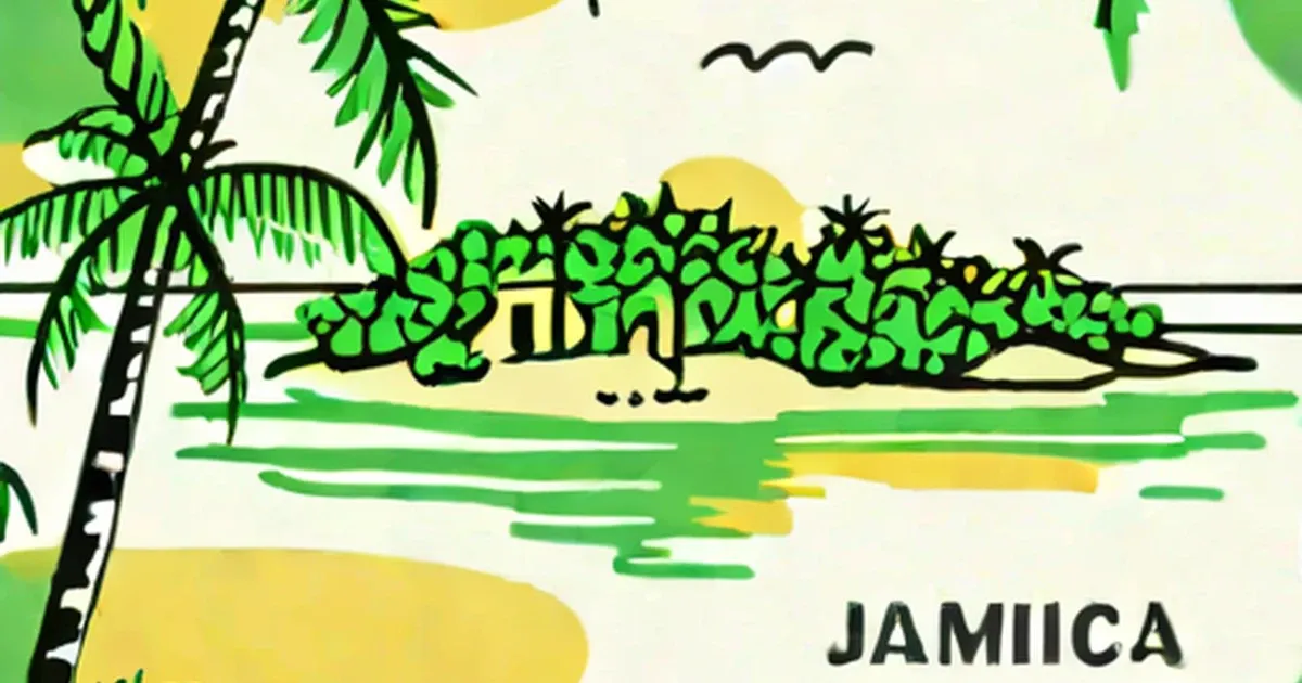 Tropical island illustration with palm tree, sun, and ocean waves