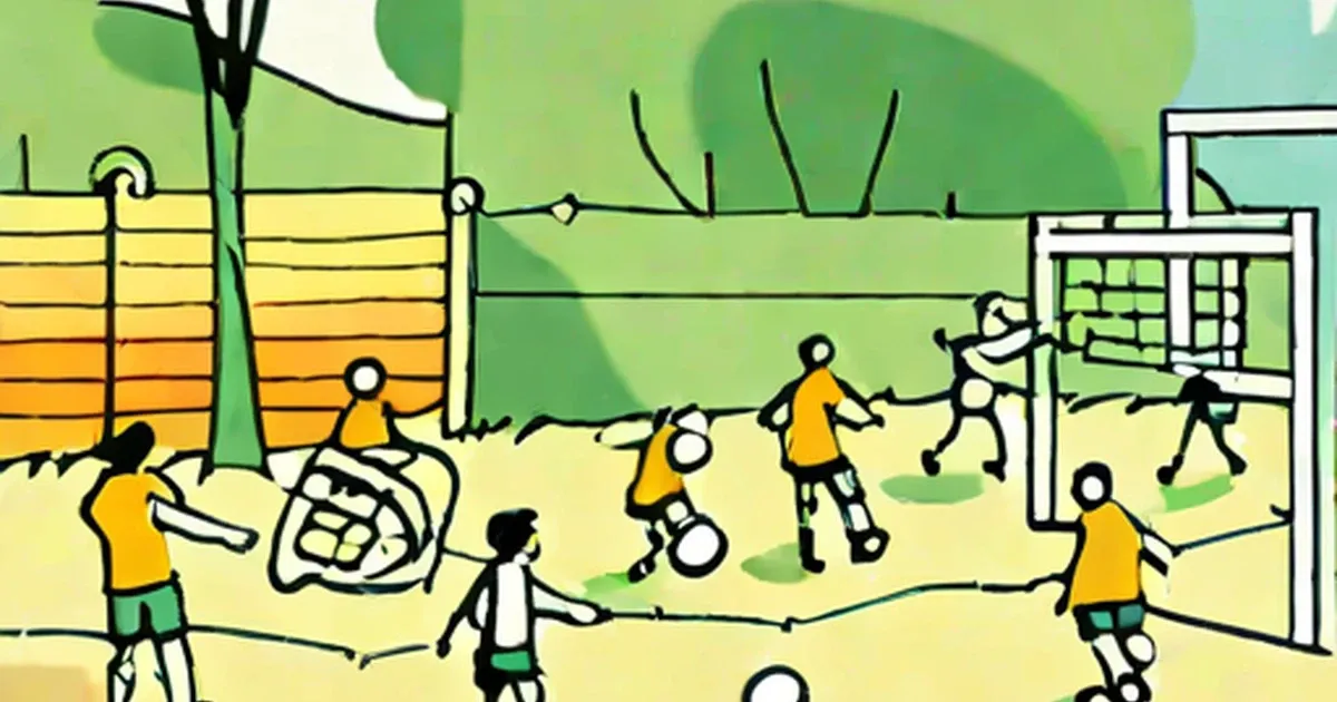 Children playing soccer and volleyball in a backyard