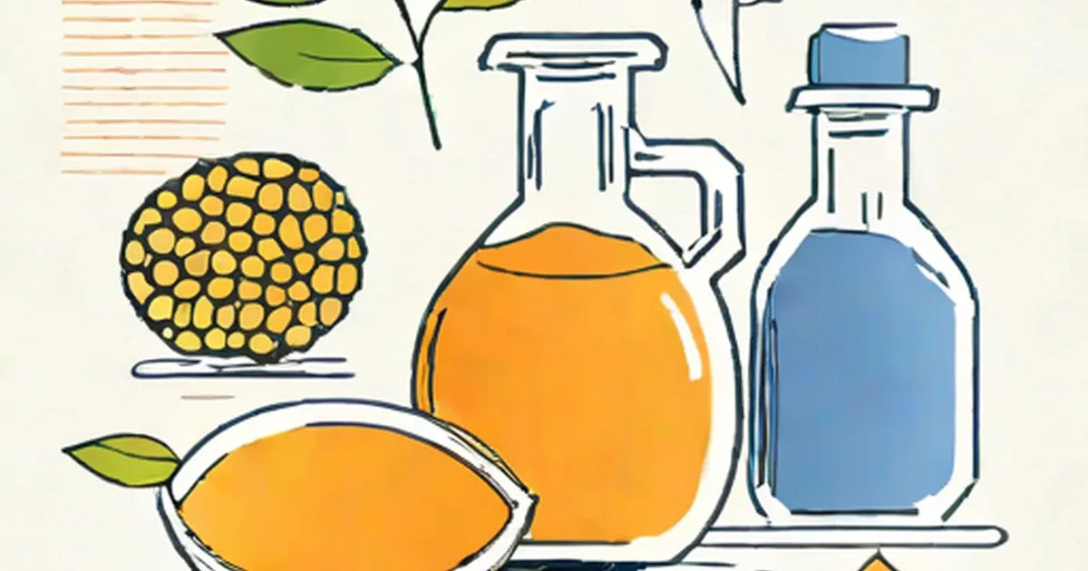 Glass bottles containing golden and blue liquids with dried corn and leaves