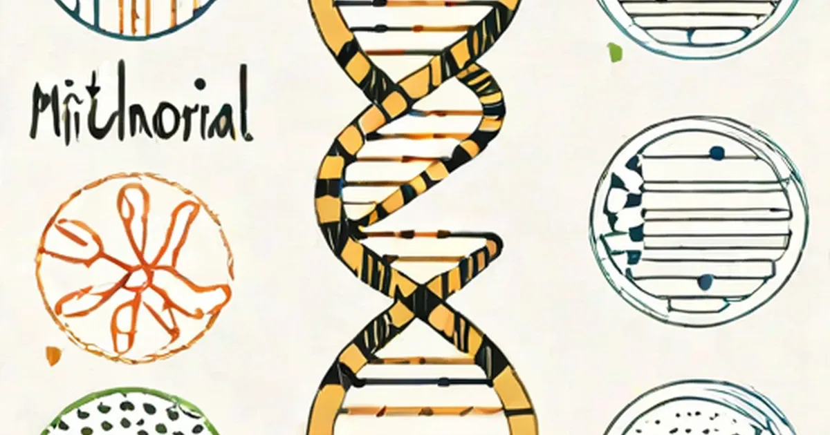DNA double helix with yellow and black stripes surrounded by circular genetic diagrams
