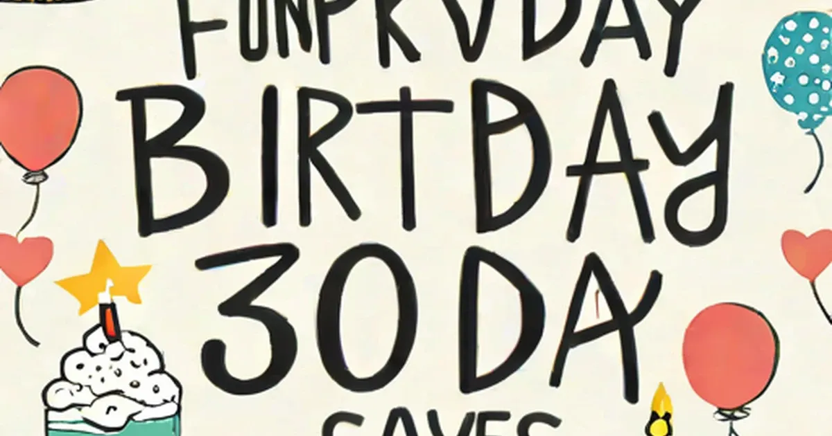 Illustration with birthday text, balloons, cupcake with candle, and stars