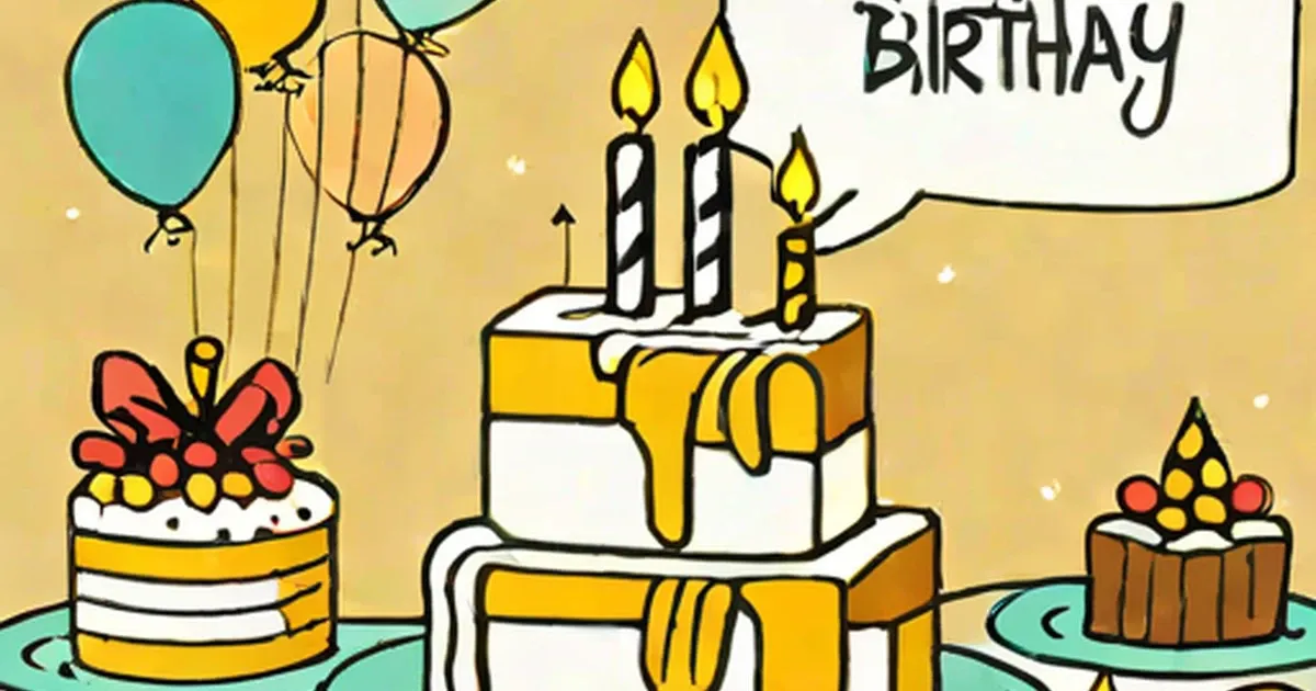 Cartoon birthday scene with stacked cake, lit candles, balloons, bow, and party cupcakes