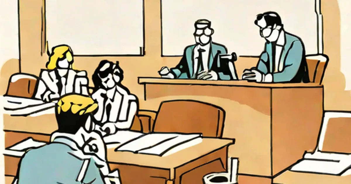 Courtroom sketch with judges seated at elevated bench and two attorneys at table