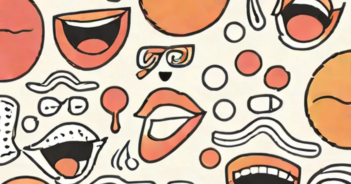 Colorful illustration of various mouths, lips, tongues, and facial features