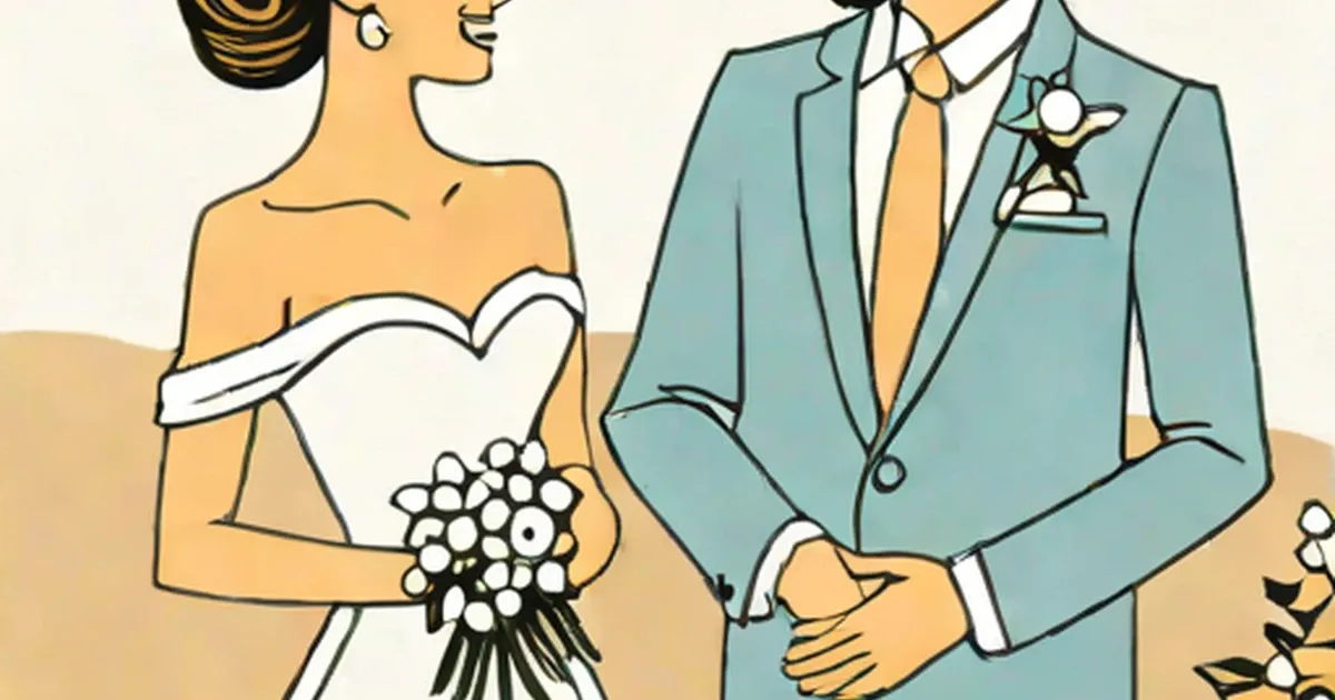 Bride in white dress with white flower bouquet and groom in blue suit