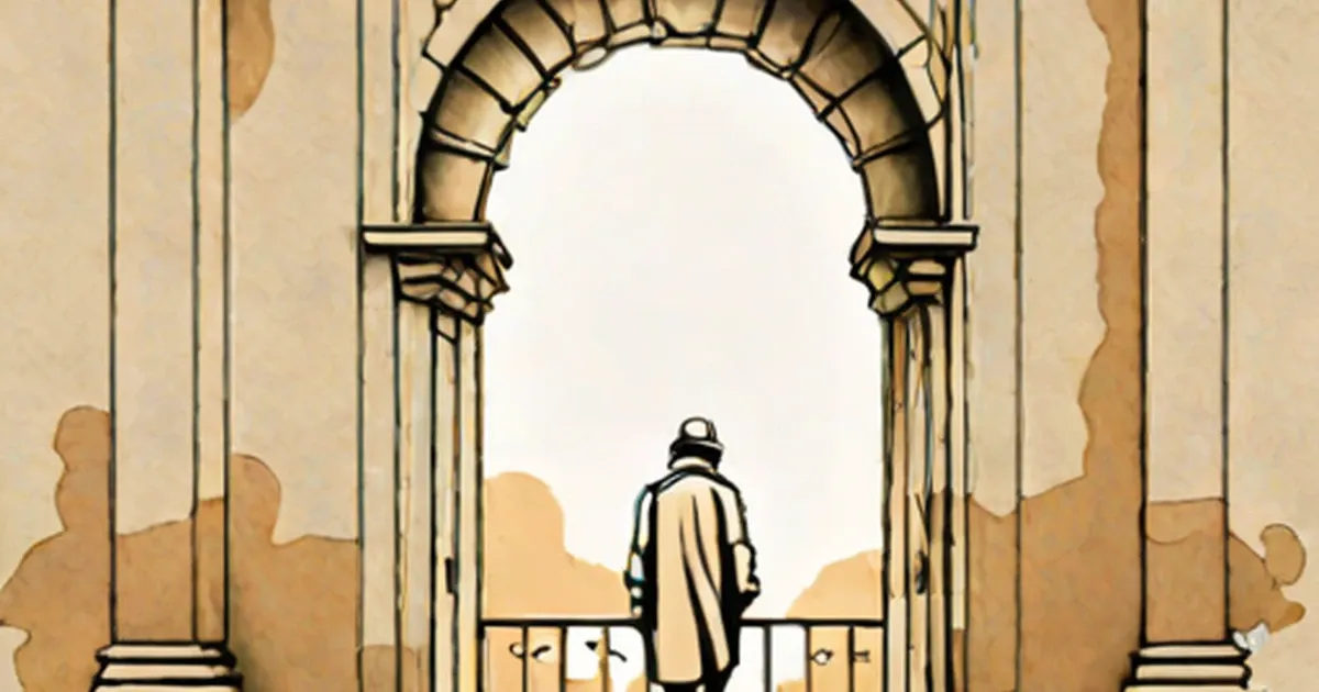Robed figure standing beneath an arched gateway overlooking a desert landscape