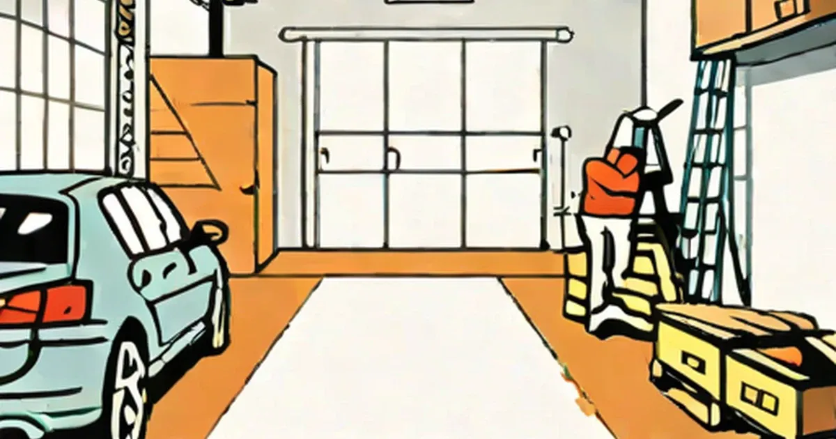 Orange-coated garage floor with parked car and worker on ladder