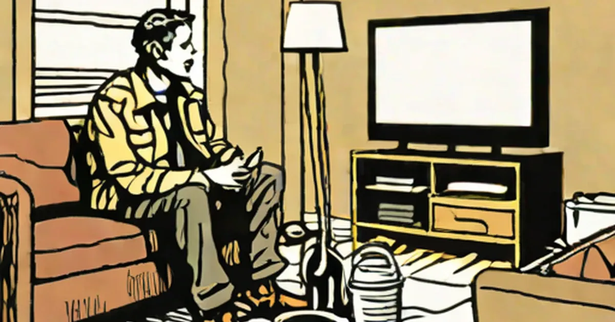Person on couch watching television in sparsely furnished room with empty food containers on floor