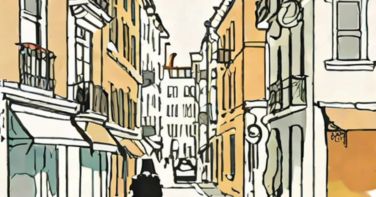 Narrow European street illustration with yellow buildings and ornate iron balconies
