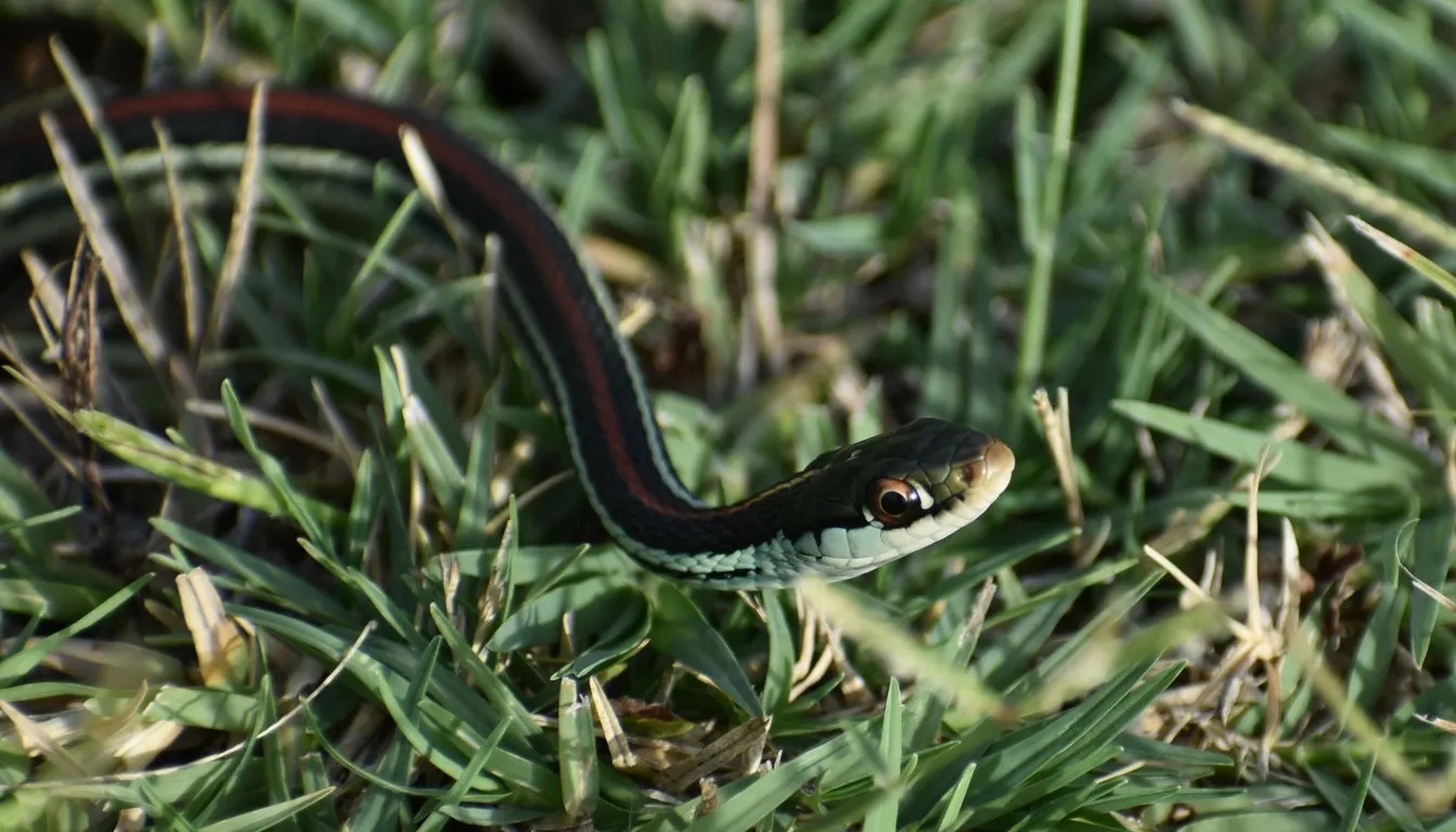 A garter snake moving through grass