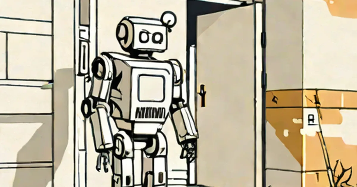 Stylized robot standing in a home entryway